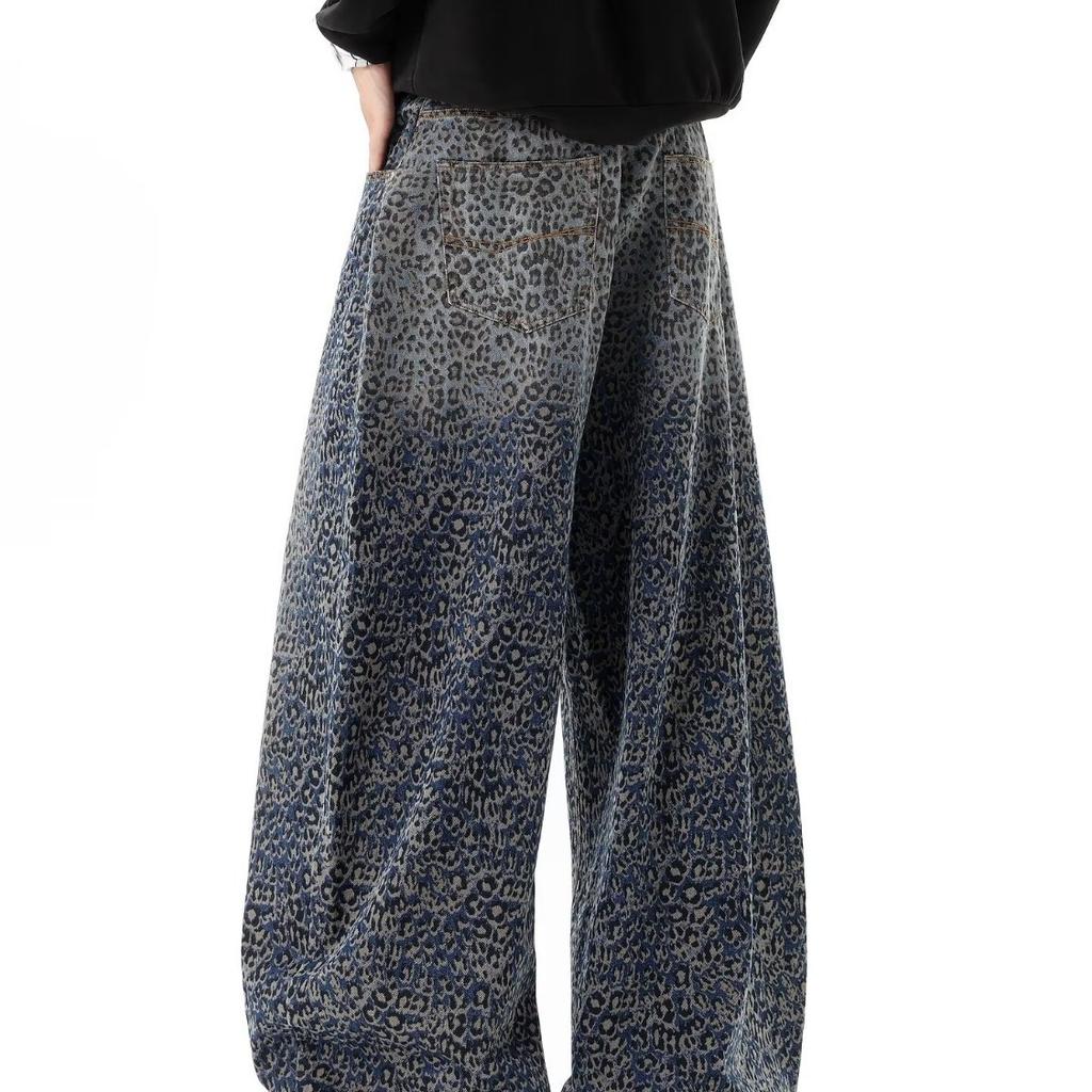 American Retro Washed Leopard Print Double Pressing Line Black Scimitar Jeans Men's Trend Wide Legs Loose Drape Old Pants