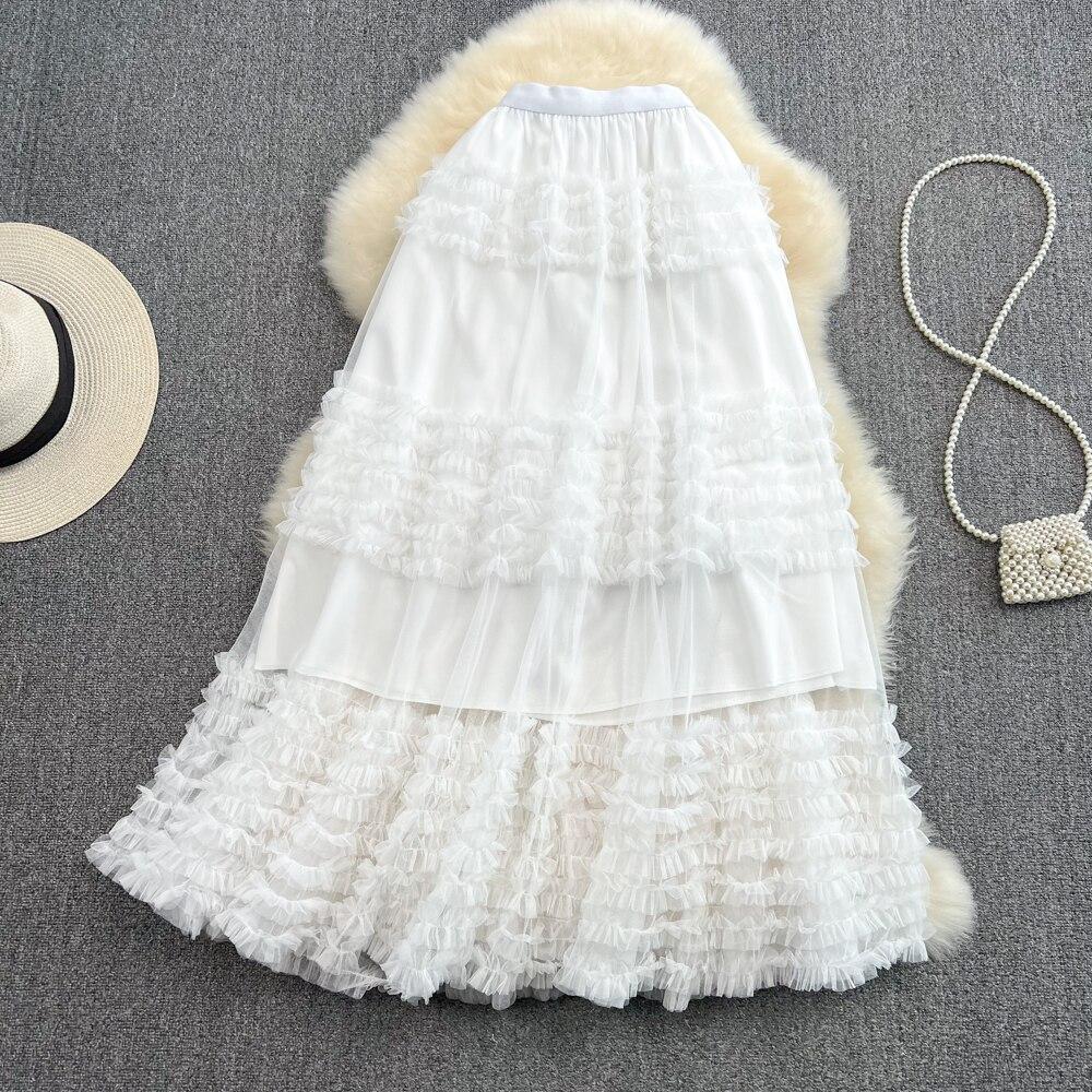 Summer High Waist Thin Multi-Layer Wooden Ear Side Puffy Cake Dress Elastic Waist Medium And Long Mesh A-Shaped Dress Female