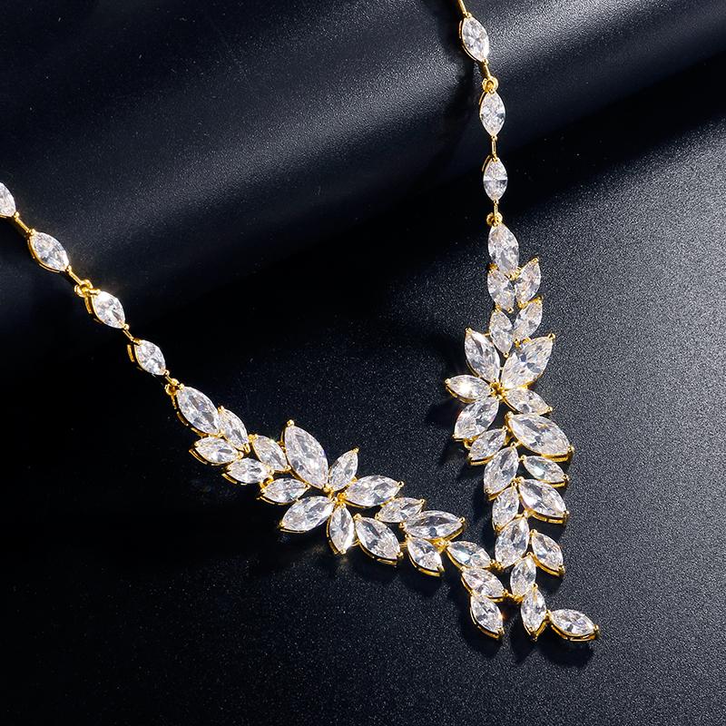ZAKOL Luxury Brilliant Full Zirconia Leaf Flower Necklace for Women Elegant Dubai Nigeria Bridal Wedding Party Zircon