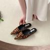 Fashion Women Slippers Pointed Toe Leopard Design Shallow Slip on Thin Low Heels Black Flock Design Casual Mules Loafers Black Outdoor