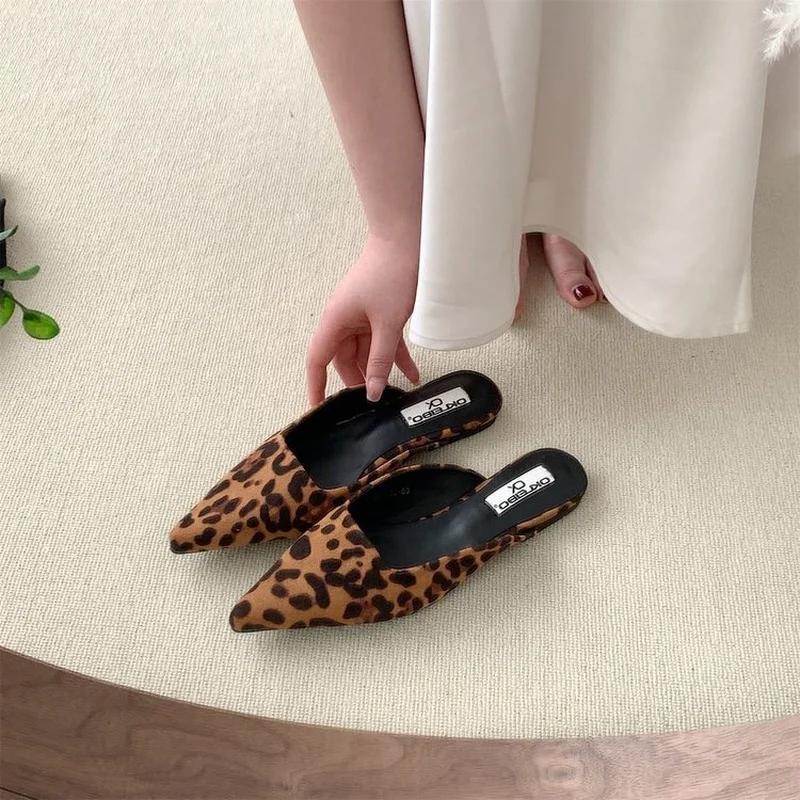 Fashion Women Slippers Pointed Toe Leopard Design Shallow Slip On Thin Low Heels Black Flock Design Casual Mules Loafers Black Outdoor