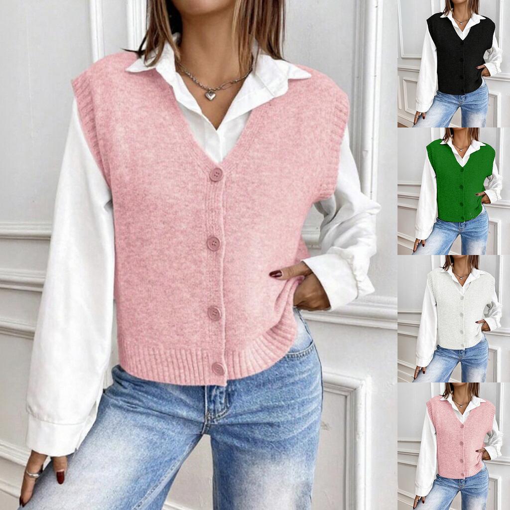 Women's Loose Knitted Vest V-Neck Solid Color Sweater