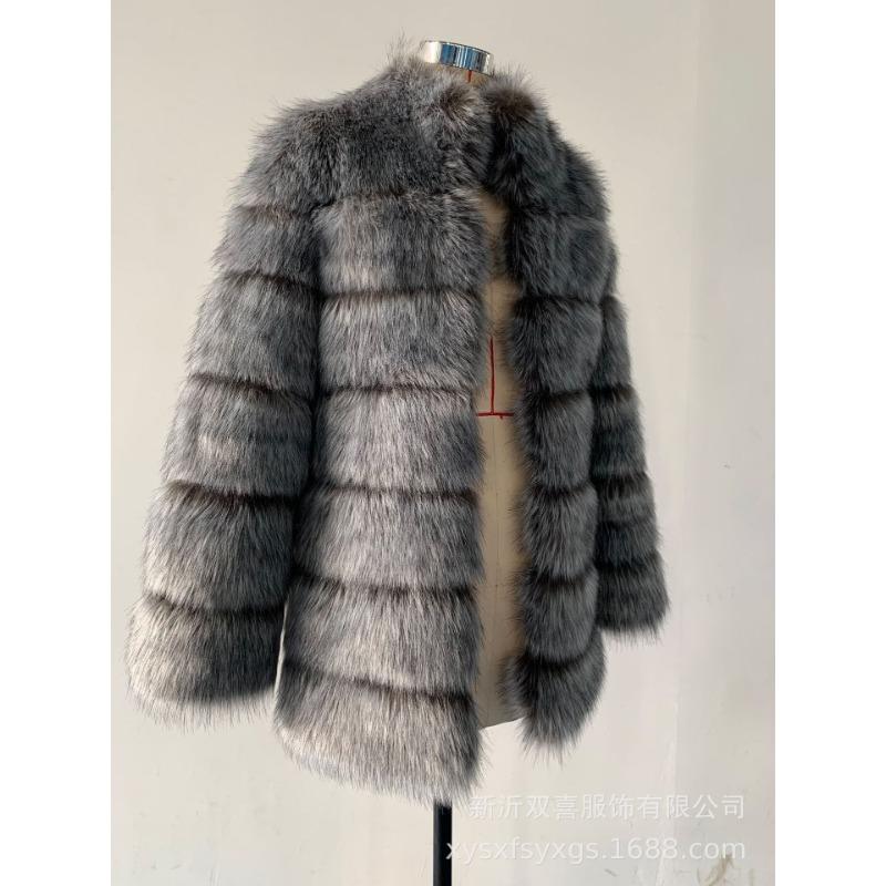 Autumn and winter new stand-up collar jacket, medium and long slim-fitting imitation fox hair thermal coat