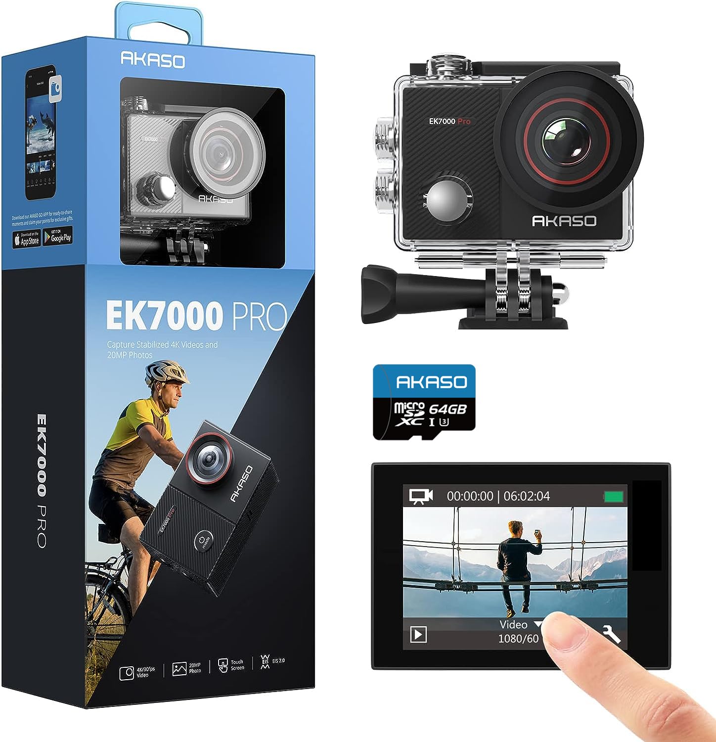 

AKASO EK7000 Pro 4K Action Camera + 64GB Memory Card, 20MP, Touchscreen, Type-C External Microphone Support, Image Stabilization, WIFI, Wide-Angle Len