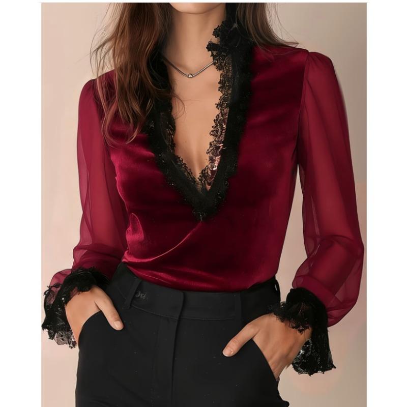 Blusa alla moda a tinta unita con scollo a V e maniche in pizzo trasparente