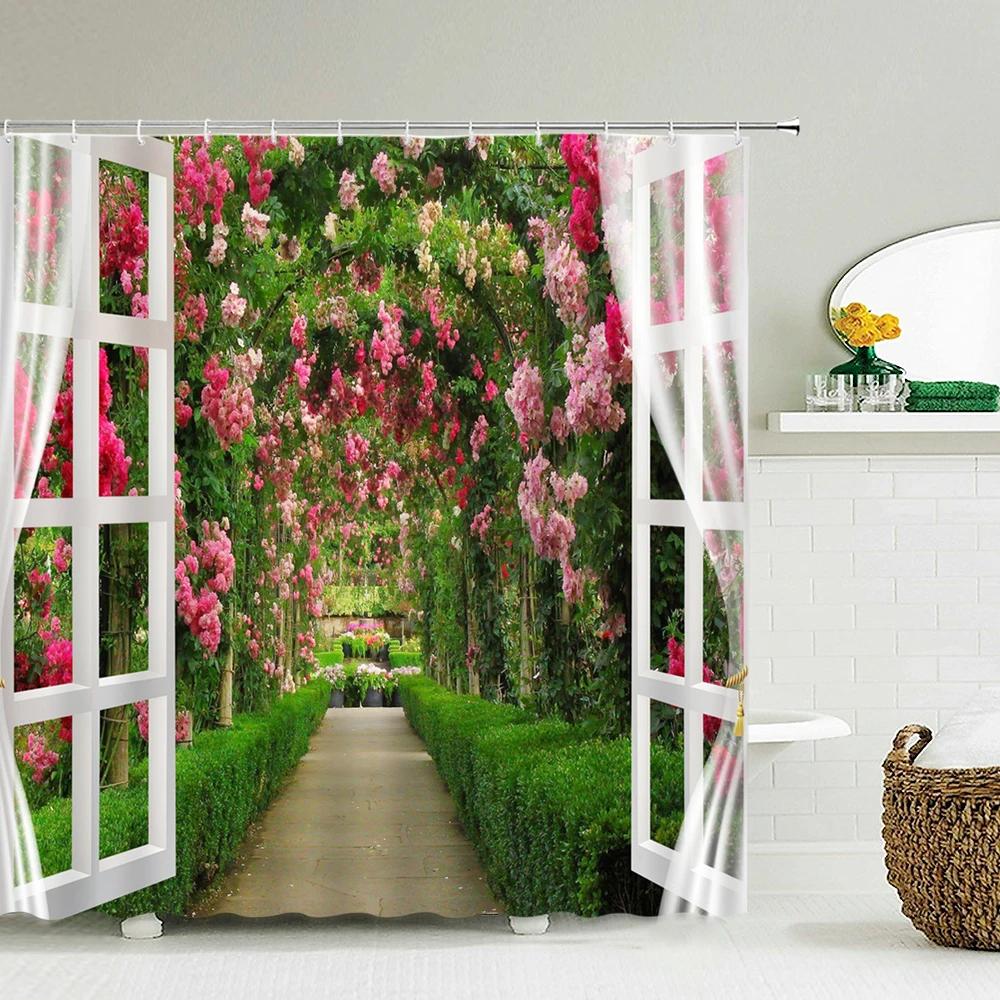 Scenery Outside the Window Shower Curtain 3D Printing Forest Garden Waterproof Fabric Bathroom Curtains Bath Screen with Hook