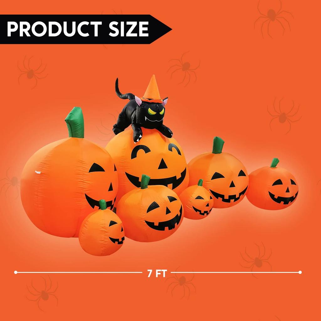 7 Ft Spooky Holiday Inflatable Extended Pumpkin Featuring Witch's Cat Decorations Inflatables Featuring Build-in LEDs Spooky Holiday Decor