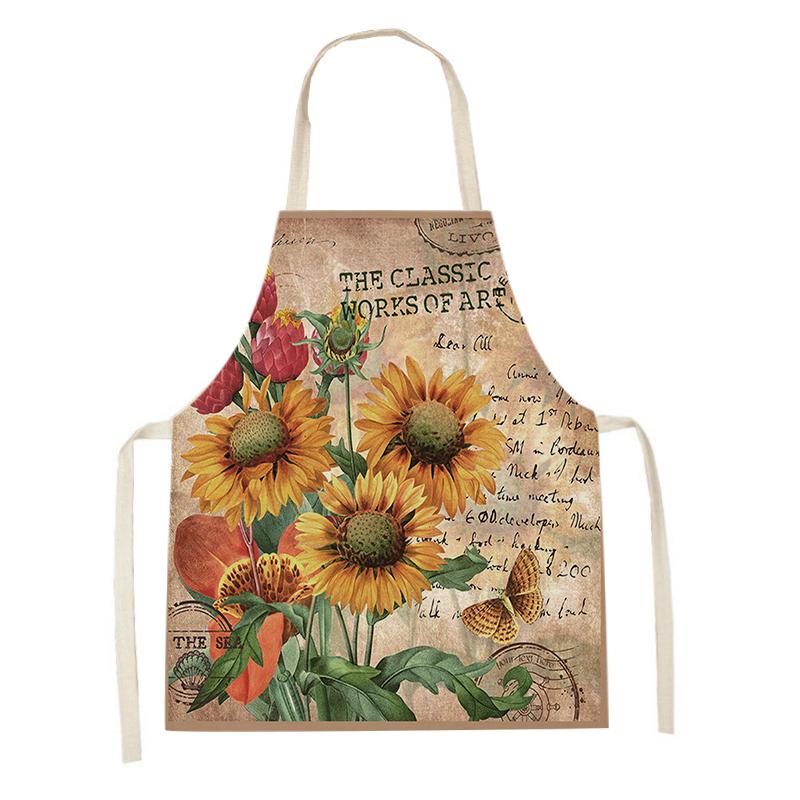 Women Men Retro Bird Flower Butterfly Printed Kitchen Aprons Household Cleaning Pinafore Baking Accessories Linen Cooking Apron