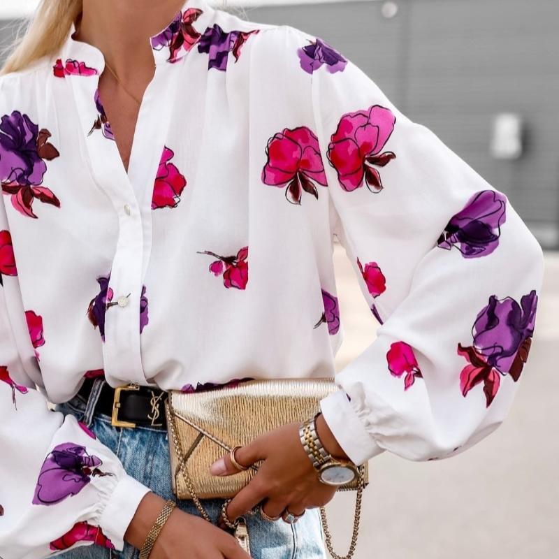Autumn New Stand Collar Floral Print Casual Blouse Women Lantern Sleeve Tops Loose Office Shirt for Women Fashion Vintage Plus Size Blouses 24681
