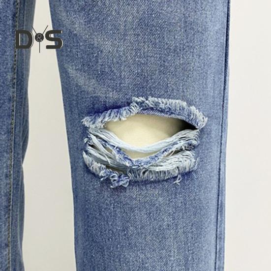 Damen-Jeans mit Taschen, hoher Taille, zerrissen, einfarbig, lange Hose, gerade Hose mit weitem Bein für den täglichen Weg zur Arbeit