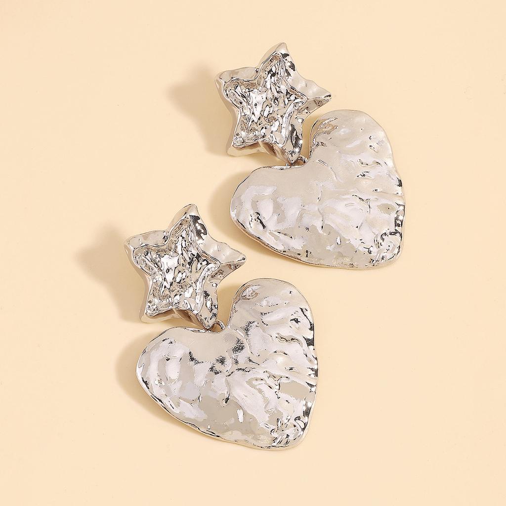Women Fashion European American Retro Heart Dangle Earrings Star Irregular Tin Foil Surface Creative Punk Elegant Ear Jewelry