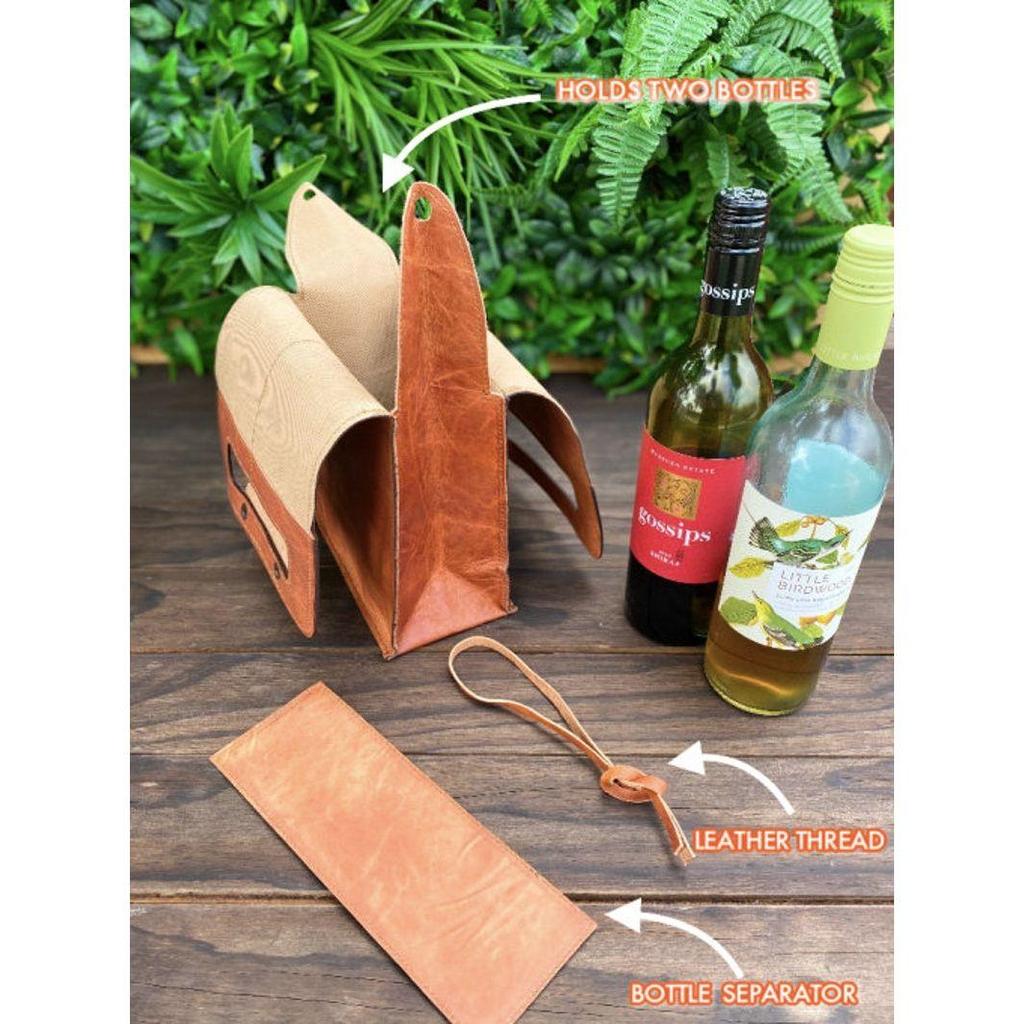 Vinkorg i läder: Resfodral för 2 flaskor | Unik design | Skyddande insats för flaskor | Handgjord