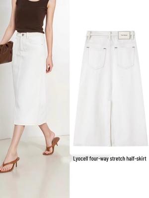 Hongkong-Stil Tencel Stretch Denim Midi-Rock mit Rückenschlitz - Hochtailliert, zum Binden, Schlankmachend & Vielseitig für Damen (Frühjahr 2026)