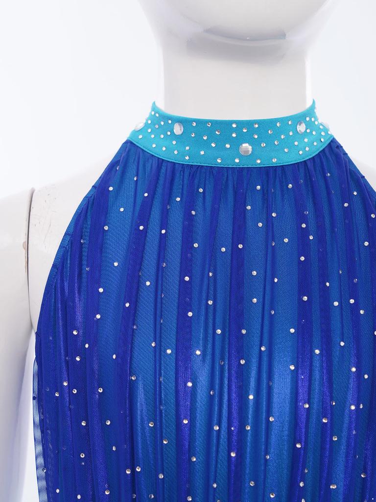 Girls Lyrical Dance Costume Sparkle Rhinestones Keyhole Back Irregular Chiffon Hem Skating Dress
