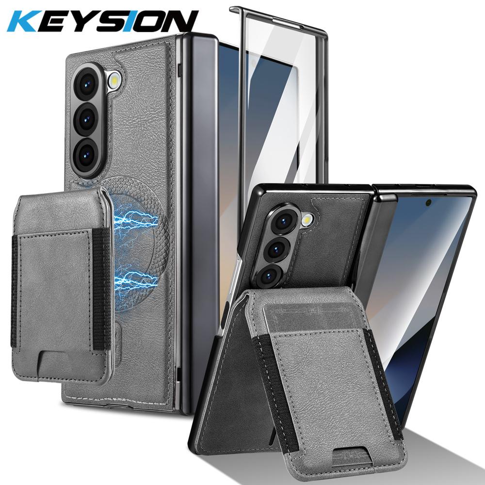 KEYSION PU Leather Phone Case for Samsung Galaxy Z Fold 7 6 5 4 3 Shockproof Cover With Magnetic Card Holder Bag Hinge Screen Protector