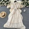 French Temperament Socialite Heavy Industry Bead Pocket Short-sleeved Dress Women's Waist Temperament Crochet Embroidered Mesh Dress