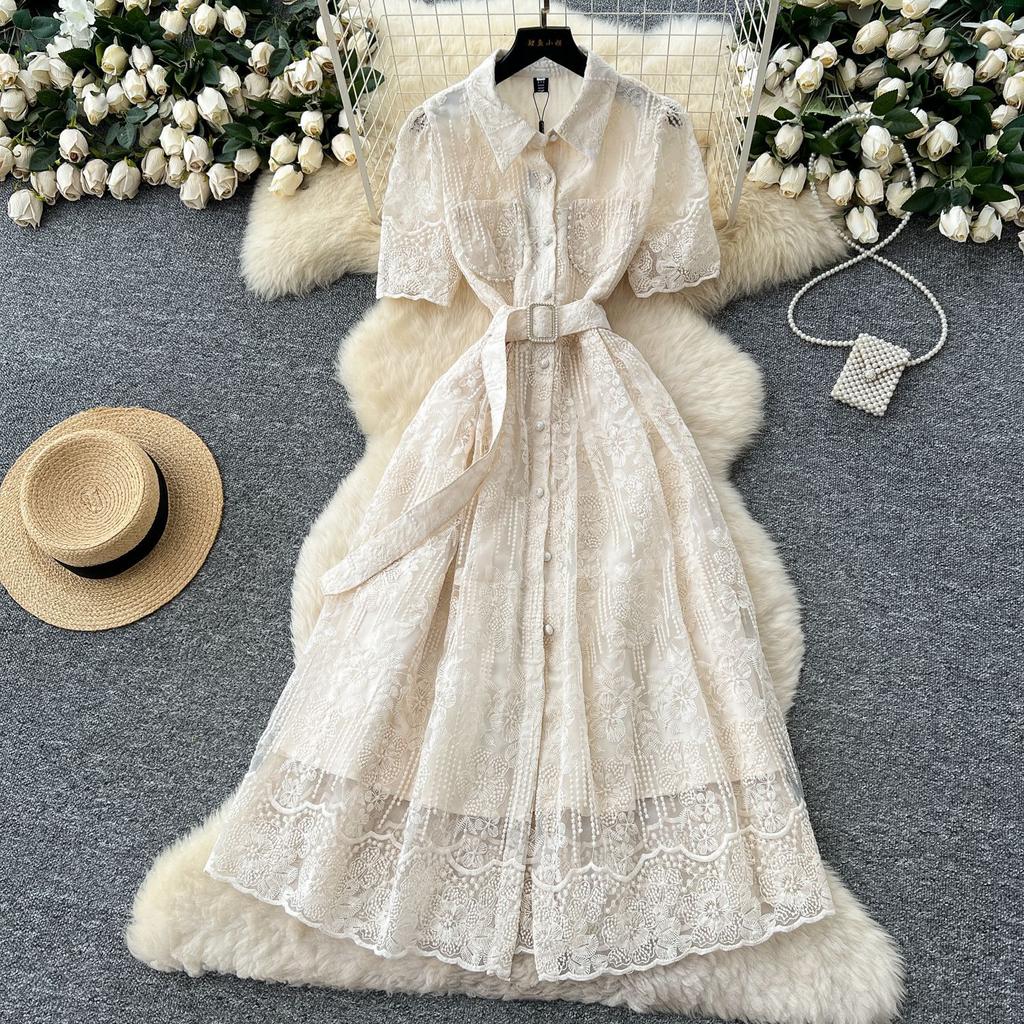 French Temperament Socialite Heavy Industry Bead Pocket Short-sleeved Dress Women's Waist Temperament Crochet Embroidered Mesh Dress
