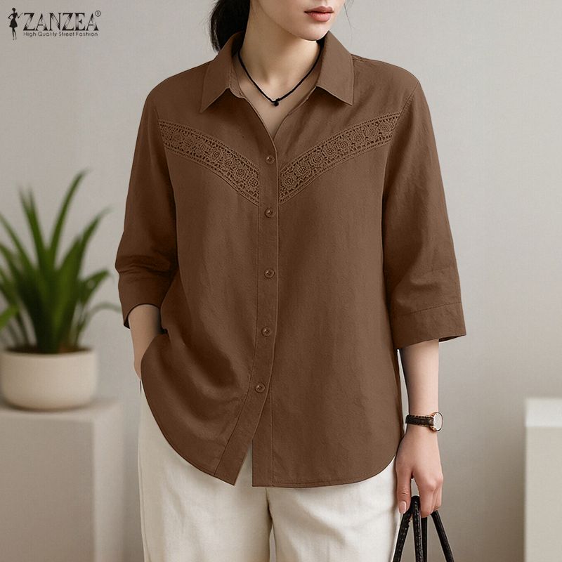 ZANZEA Women Lace Patchwork Casual Turn Down Collar Loose 3/4 Sleeve Blouse