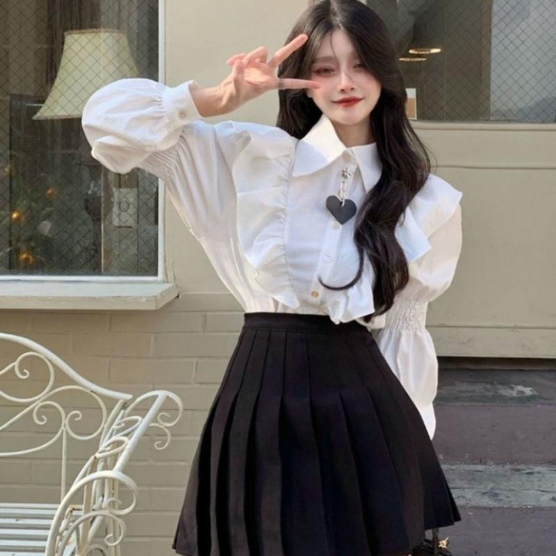 Black Heart Decorated Women's Shirt Ruffle Edge Turn Down Collar Lantern Sleeve Elastic Pleated Blouse Summer New Version Loose Lady Top