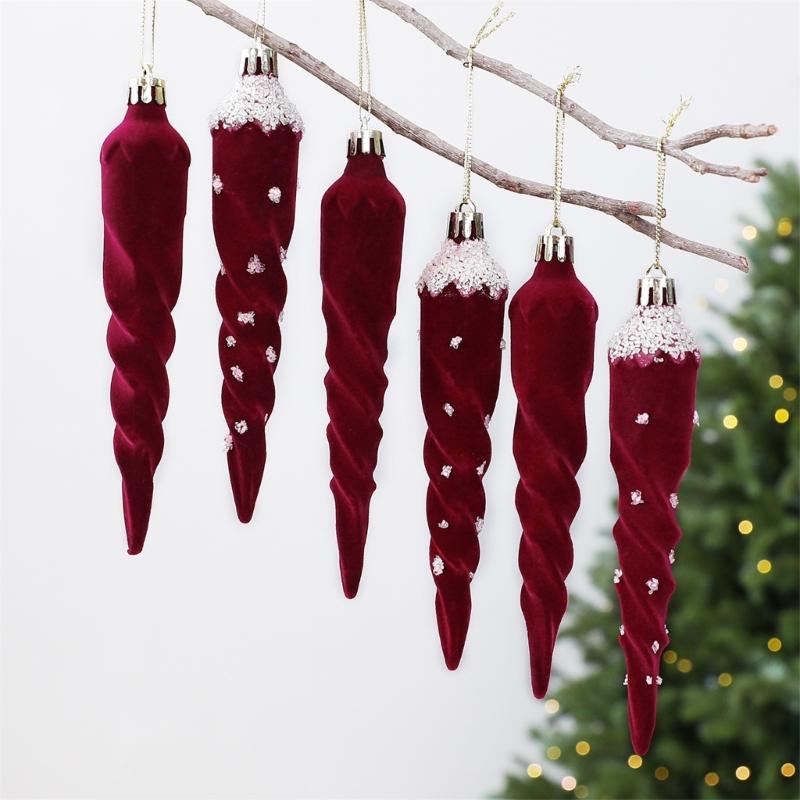Christmas Tree Baubles Wine-Red Plastic Geometric Ornament with Textured Finish and Hanging Strings for Shop, Hotel