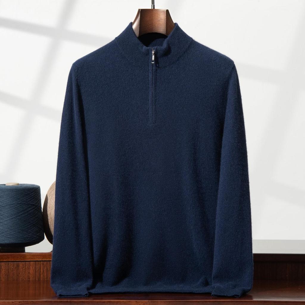 Eleganter Herren-Halbreißverschluss-Kaschmirpullover, einfarbige Strickware mit Stehkragen, Business Casual Pullover