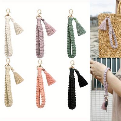 Chaveiro Trançado Estilo Boho com Fecho Lagosta Cordão de Algodão Lanyard de Pulso Alça para Chaveiro Acessório para Mulheres