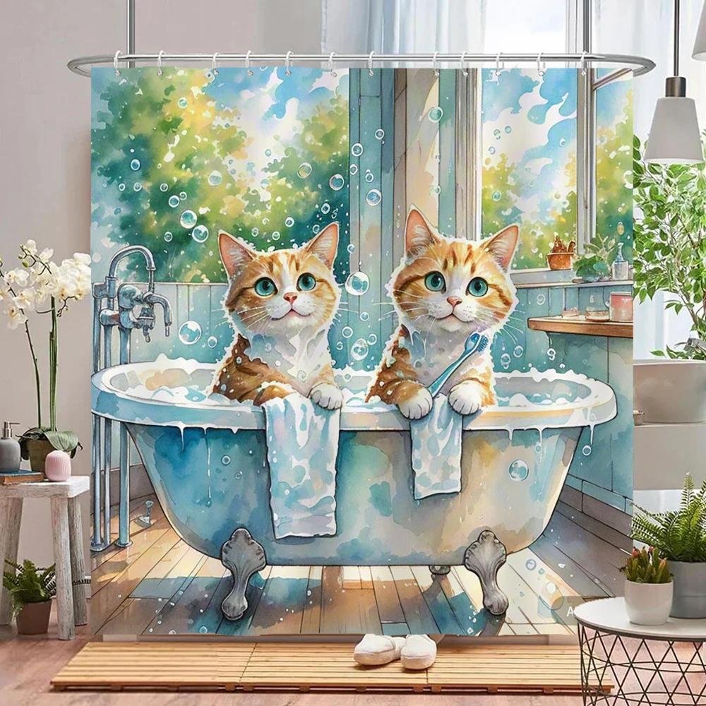 Funny Bathing Cat and Dog Shower Curtain Waterproof Bathroom Curtain Creative and Interesting Partition Bath Curtain with Hooks