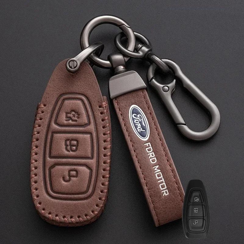 New 2026 Car Sticker 2025 Hot New Leather KeyChain Accessories Car Smart Remote Key Case for Ford ST Line Fiesta Focus Mondeo Ec