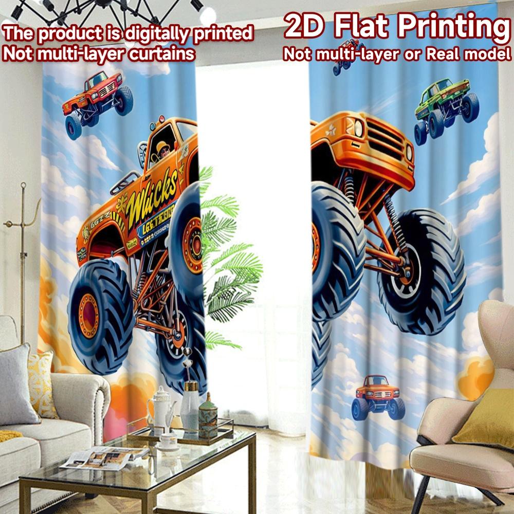2D-Flachdruck, 2-teilige Vorhänge (Ohne Stange) Fliegende Monster-Trucks Druck Schicke Vorhänge Vielseitige Polyester-Vorhänge Valentinstag