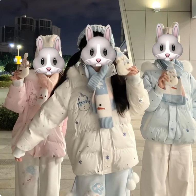 Winter sweet girl atmosphere Velcro cute snowman fur collar hooded cotton dress + warm scarf two-piece set