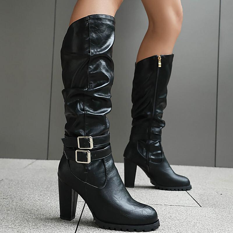 Knight boots round head thick sole thick heel super high heel autumn and winter side zipper but knee boots belt buckle women's high boots