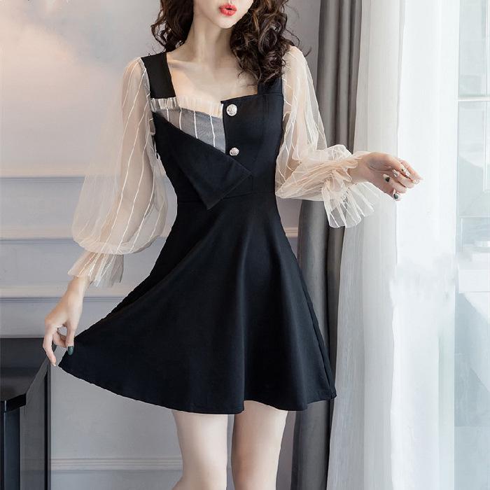 French Retro A-line Black Dress with Mesh Splicing & Long Sleeves
