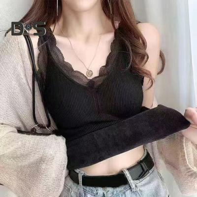 Canotta termica da donna con pizzo e fodera in peluche, scollo a V, senza maniche, tinta unita, vestibilità aderente, elastica, con cuscinetti per il petto, canotta da donna