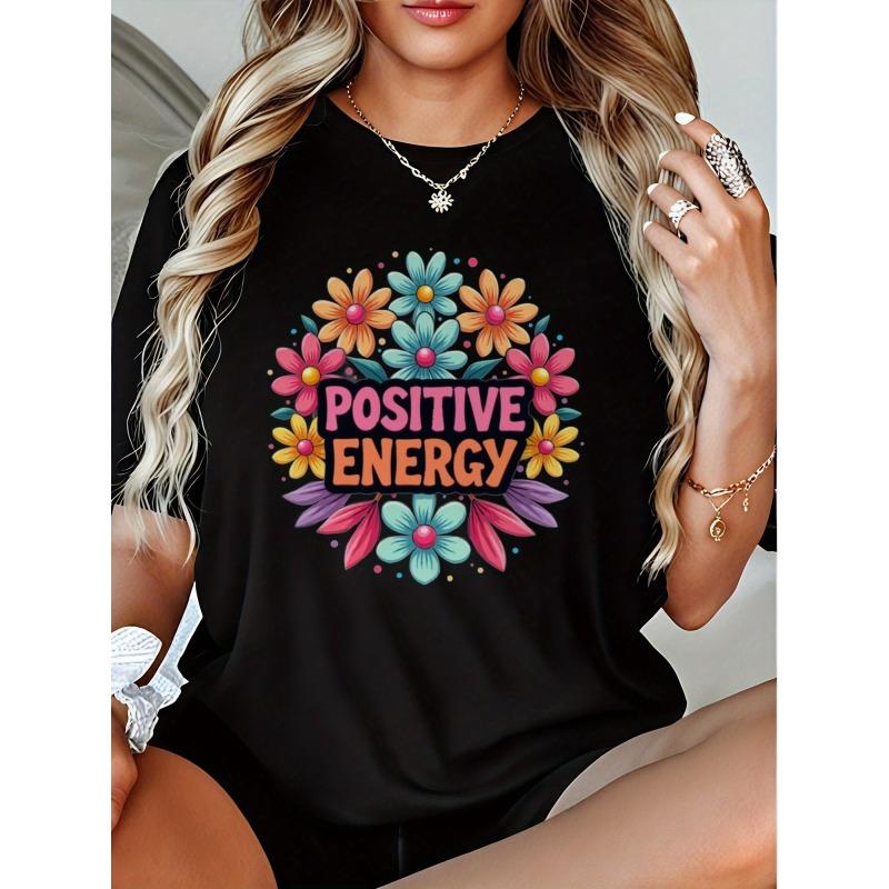 

Wo S Positive Energy Floral Graphic Tee | Black Floral Letters T-Shirt, Soft Everyday Casual Top, Machine Washable Crew Neck, Vibrant Print S чёрный