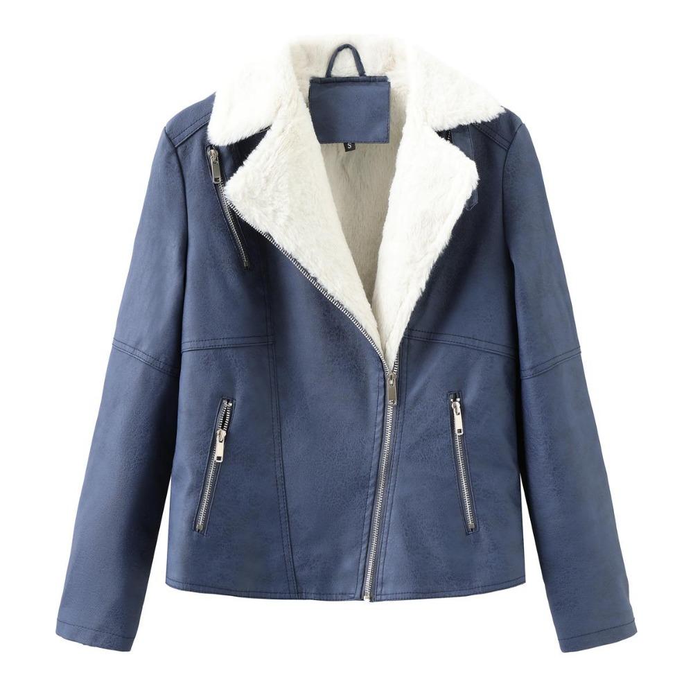 Dámské bundy Umělá kůže Ustřižená klopa Límec Flanelová podšívka Teplý Krátký kabát PU Bomber Moto Biker Outfity Zimní Podzim Módní Outwear