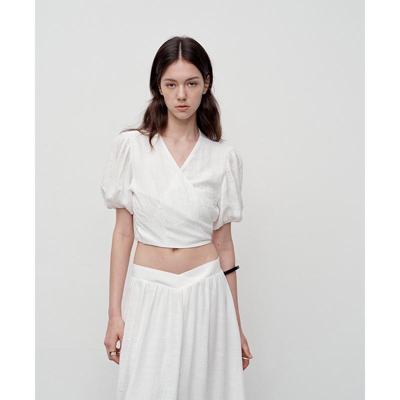 French Puff Sleeve Tie-Up Shirt - Women's V-Neck Summer Design, No Returns