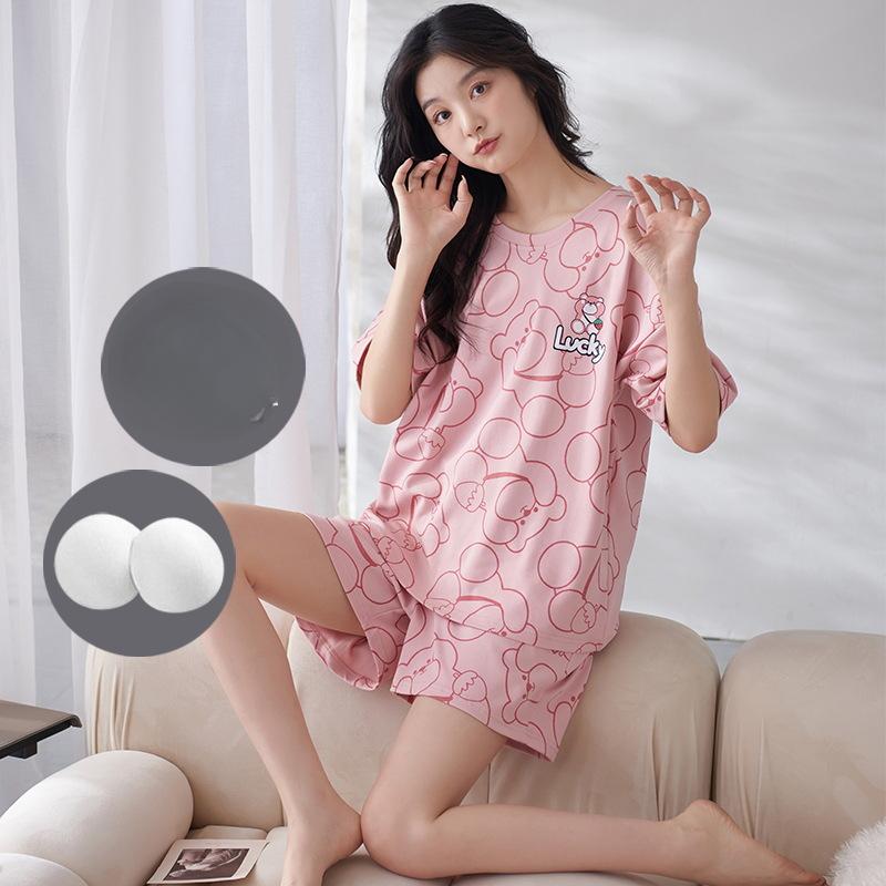 Pyjama Damen Sommer mit Kissen, süßen und niedlichen Shorts, kann außerhalb des kurzärmeligen Baumwollanzugs Homewear getragen werden