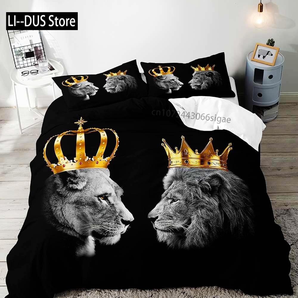3PCS Lion King & Queen Bedding Set African Safari Animal Black Bedding Comforter Cover Bedroom Decor for Couples Full Size