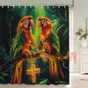 Tropical Plants, Flowers and Birds Shower Curtain, Bathroom Decorative Shower Curtain, Print Polyester Fabric Curtain with Hooks