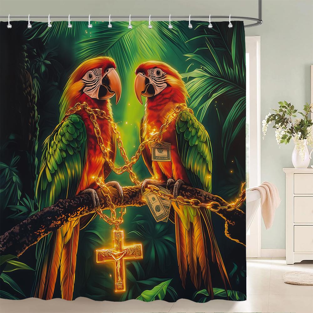 Tropical Plants, Flowers and Birds Shower Curtain, Bathroom Decorative Shower Curtain, Print Polyester Fabric Curtain with Hooks
