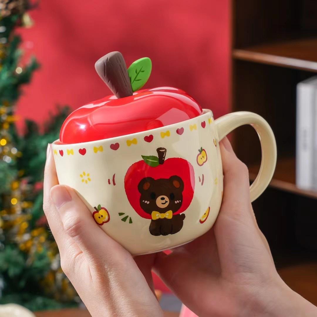 Christmas gift apple ceramic cup with lid spoon cute mug for girl girlfriend practical birthday gift 420