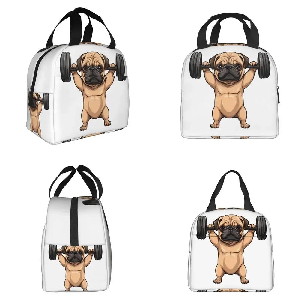 Pug Dog Weight Lifting Exercise Fitness Gym Workout Insulated Lunch Bag for Women Children Food Boxes Thermal Lunch Box Tote