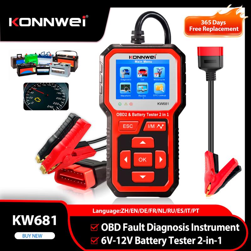 KONNWEI KW681 Car OBD2 Scanner Battery Tester 2in1 6V 12V Clear Trouble Codes Read Data Stream Freeze Frame Car Diagnostic Tools