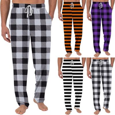Pantalones de pijama casual para hombre con bolsillos | Estampado liso, a rayas, a cuadros, corte holgado, cintura elástica para usar en casa