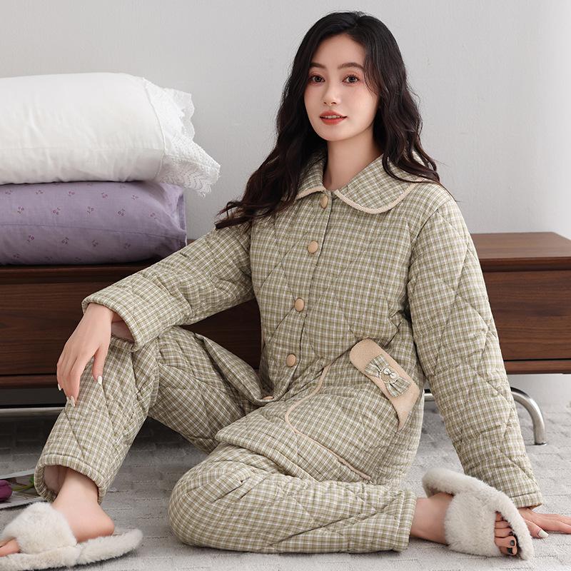 Winter Pajamas Women's New Woven Plaid Clip Padded Jacket Three-layer Warm Suit Velvet Thickened Outer Wear Loungewear