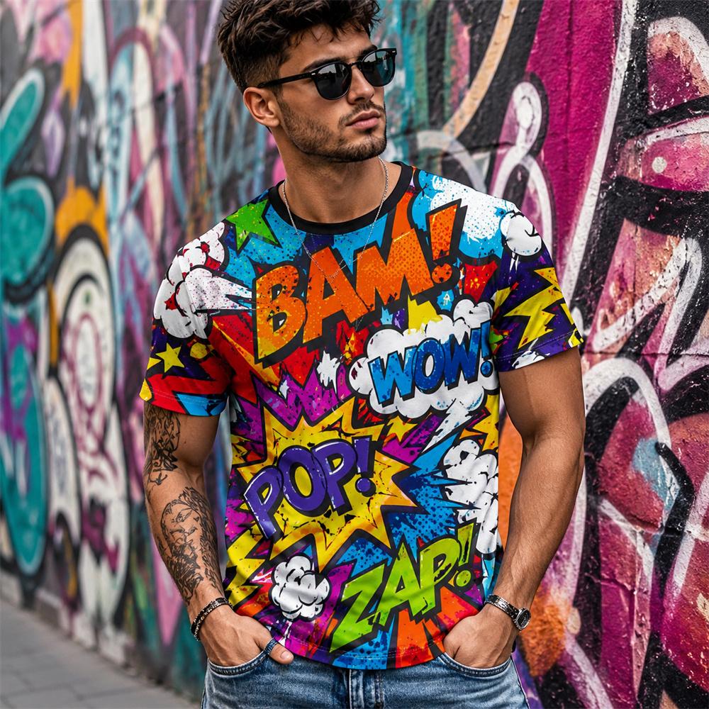 Comic Graphic Print T Shirt For Men Short Sleeve Leisure Streetwear Colorful Pop Art Design Hip Hop Street New Trend Tee Top