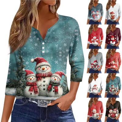 Women's T Shirt Tee Christmas Print Button 3/4 Sleeve Daily Weekend Fashion Basic V Neck Regular Top
