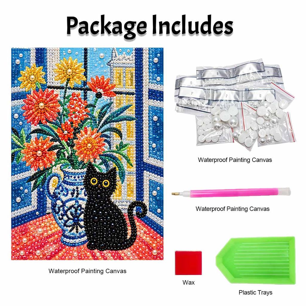 DIY Stretched Canvas Pearl Art Kit Black Cat and Flower Vase Design 5D Sparkling Bead Painting Relaxing Hobby Gift for Home Decoration