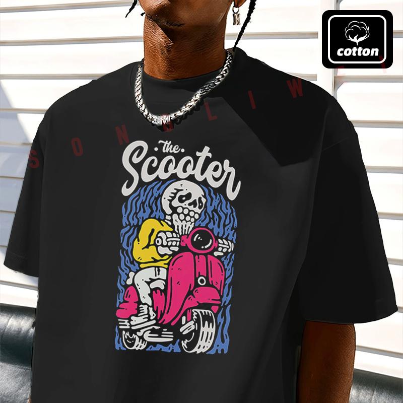 Men's Cotton T-Shirt Skeleton Scooter Ride Graphic Motorcycle Tshirt Men's Casual O-neck Short