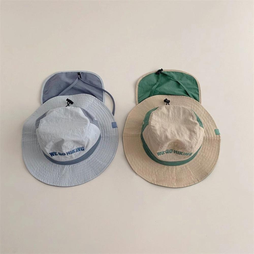 Kids Bucket Hat WEGO Letter Embroidery Color Block Thin Quick-Dry Sun Hat with Neck Flap UV Protection for Outdoor Activities